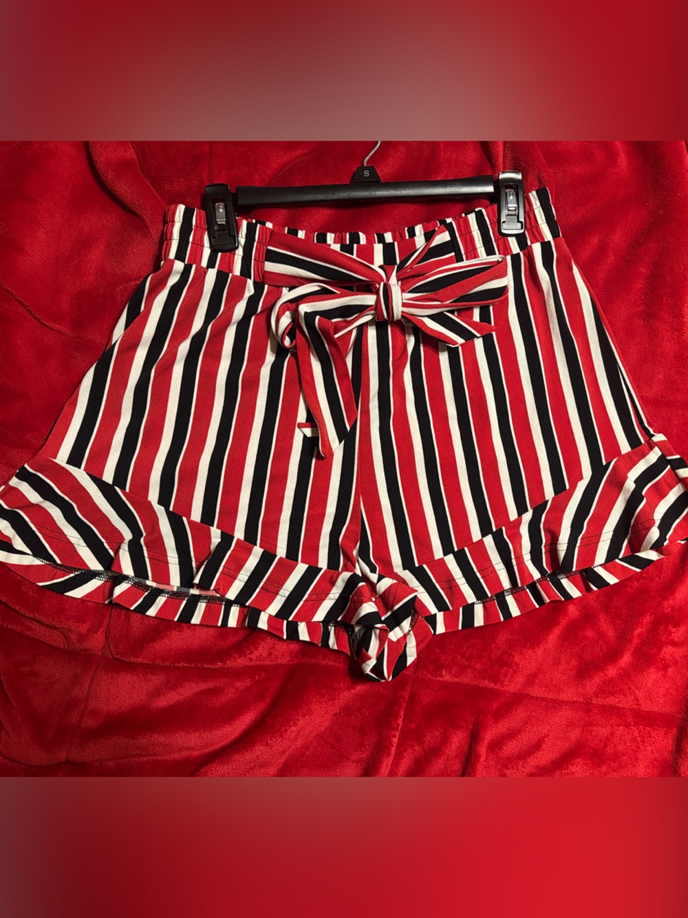 Express High-Waist Striped Paperbag Shorts in Red, Black & White